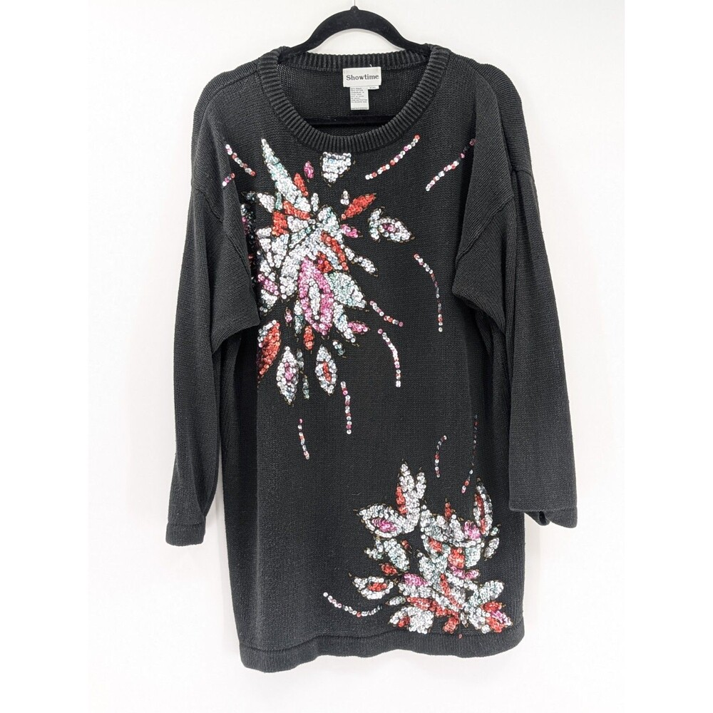 Vintage Showtime Black Sequin Floral Thick Ramie Sweater Top/Dress Size XXL